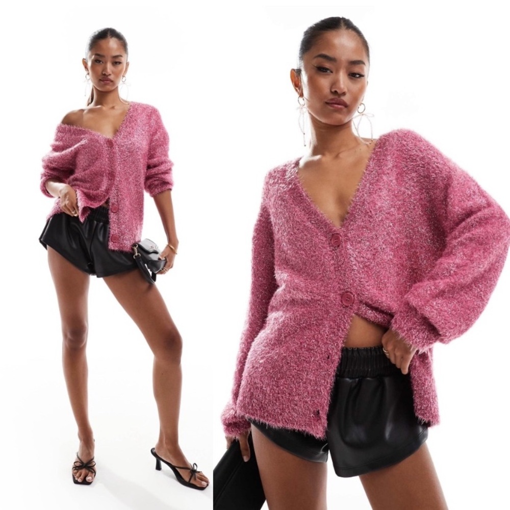 NWT Never‎ Fully Dressed Pink Metallic V-Neck Long Sleeve Tinsel-Weave Cardigan
